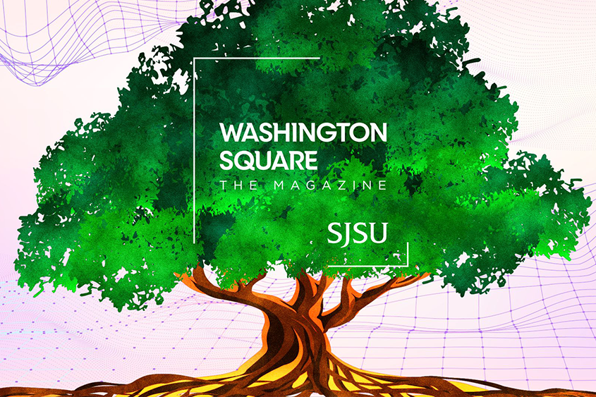 Washington Square: The Magazine over a gradient background featuring Illustrations of a tree.