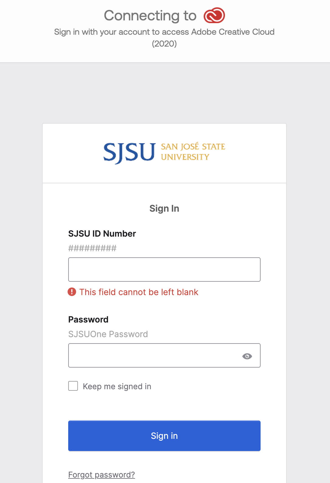 SJSUOne Login page with fields for SJSU ID and password.