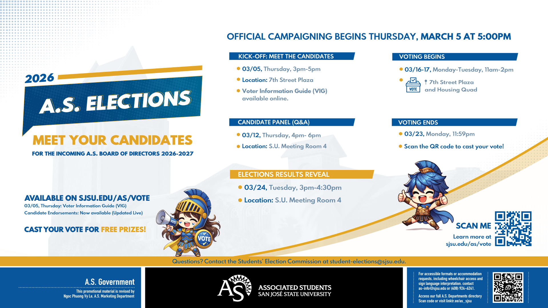2026 A.S. Elections – Meet Your Candidates | San José State University Digital promotional graphic for the 2026 A.S. Elections at San José State University. The design features blue and gold school colors with the headline “A.S. Elections 2026 – Meet Your Candidates” for the incoming A.S. Board of Directors 2026–2027. It announces that official campaigning begins Thursday, March 5 at 5:00 PM. Event details include: Kick-Off: Meet the Candidates – March 5, 3–5 PM at 7th Street Plaza (Voter Information Guide available online) Candidate Panel (Q&A) – March 12, 4–6 PM in Student Union Meeting Room 4 Voting Begins – March 16–17, 11 AM–2 PM at 7th Street Plaza and Housing Quad Voting Ends – March 23 at 11:59 PM Elections Results Reveal – March 24, 3–4:30 PM in Student Union Meeting Room 4 The graphic directs viewers to sjsu.edu/as/vote and includes QR codes for more information. It also notes free prizes for voting and provides contact information for the Students’ Election Commission. Cartoon Spartan characters in armor appear at the bottom holding a megaphone and giving a thumbs-up. Logos for A.S. Government and Associated Students are displayed along the bottom.