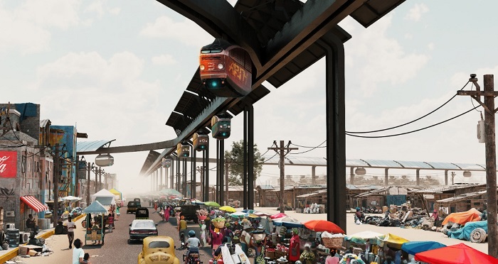 Solar-powered automated transit would be above the ground-floor level. (Credit: Arturo Millan/RODZ+)