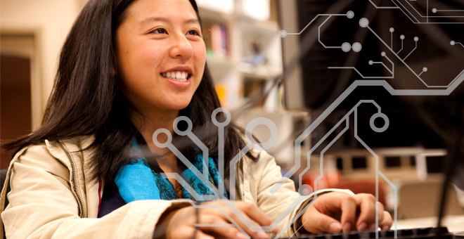 Female student working on computer with data pattern overlay