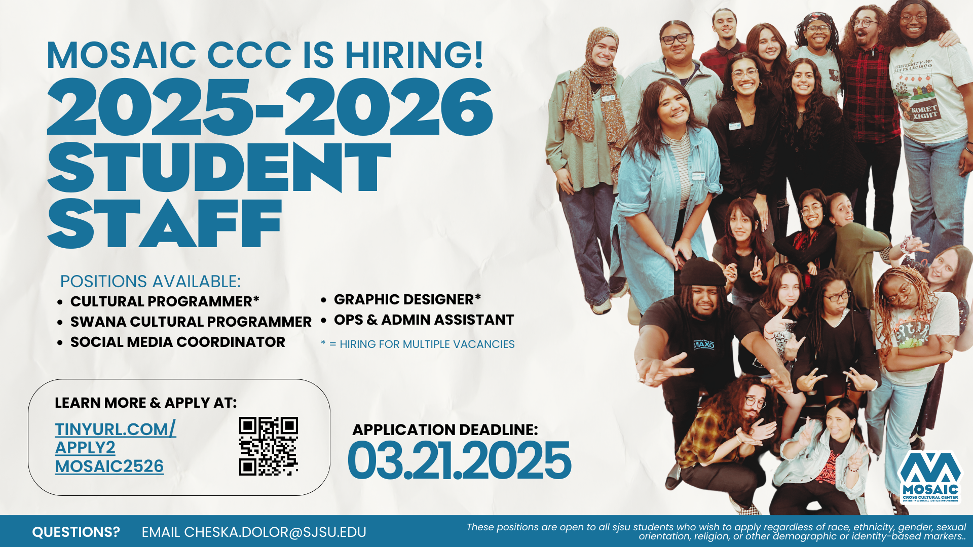 Flyer promoting Mosaic student staff positions