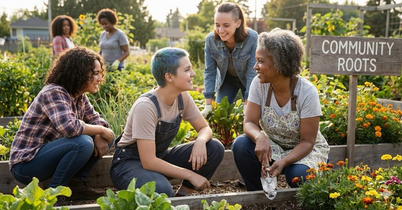 three youth talking to an adult in a community garden