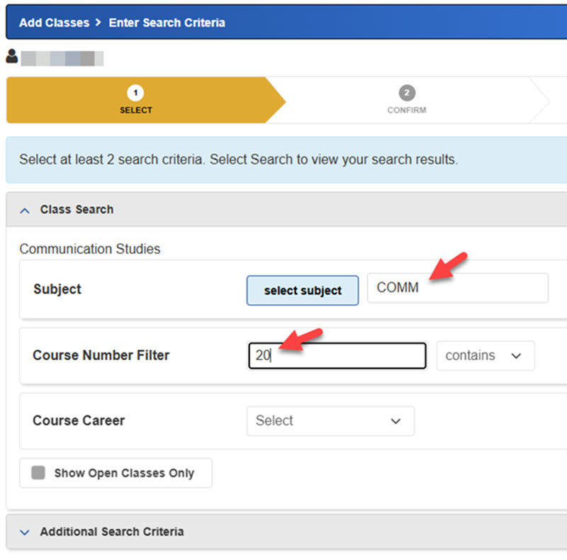 screenshot for additional search criteria for MySJSU