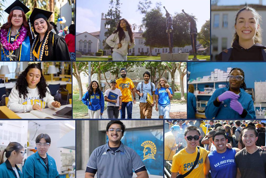 Collage of photos featuring SJSU students and graduates in campus, classroom, laboratory and commencement settings.