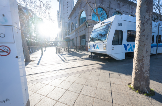 Light rail vehicle in downtown San Jose.