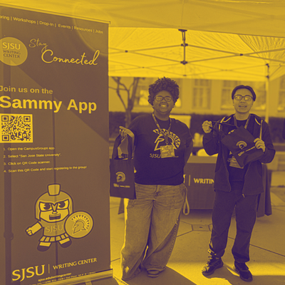 Tutors standing next to Sammy app banner